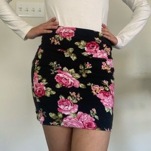 stretchy black floral mini skirt